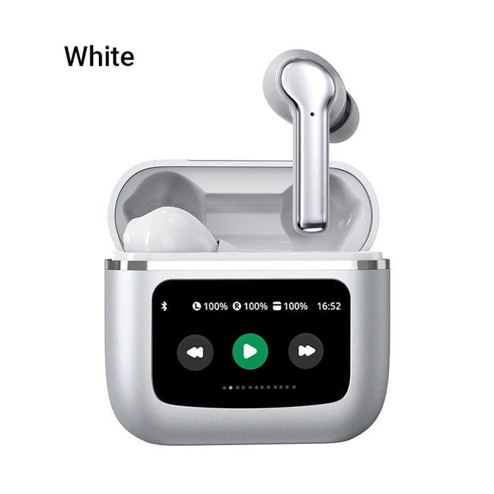 "Langattomat mustat ja valkoiset Bluetooth-kuulokkeet, kosketusnäyttö, ergonominen muotoilu, aktiivinen melunvaimennus."