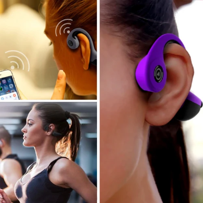 "Langattomat mustat luusiirto-kuulokkeet, minimalistinen design, ergonominen muotoilu urheiluun, Bluetooth-yhteys"