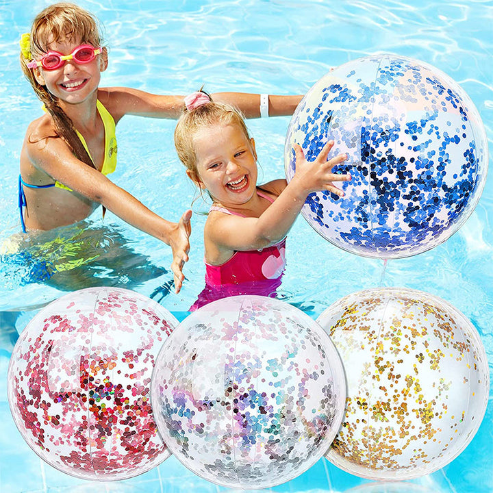 Børnenes glitter konfetti strandbold, gennemsigtig PVC, fyldt med glitrende konfetti, 40 cm i diameter, farverigt udseende.