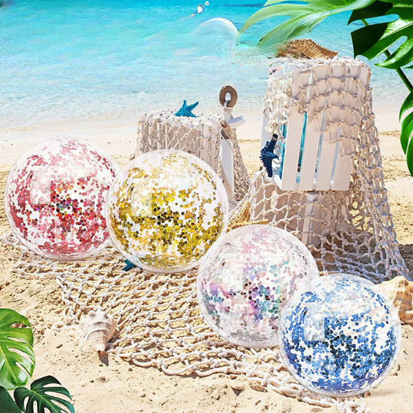 Børnenes glitter konfetti strandbold, gennemsigtig PVC, fyldt med glitrende konfetti, 40 cm i diameter, farverigt udseende.