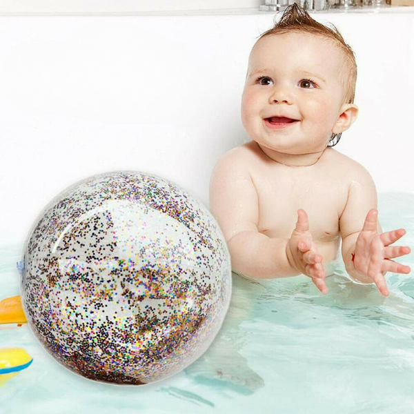 Børnenes glitter konfetti strandbold, gennemsigtig PVC, fyldt med glitrende konfetti, 40 cm i diameter, farverigt udseende.