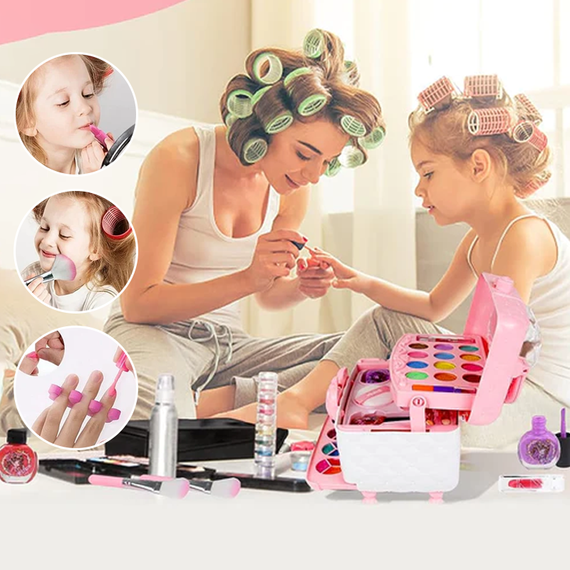 Børns vaskbart makeupsæt, lilla og pink, legetøj til piger, sikkert og kompakt skønhedslegesæt.