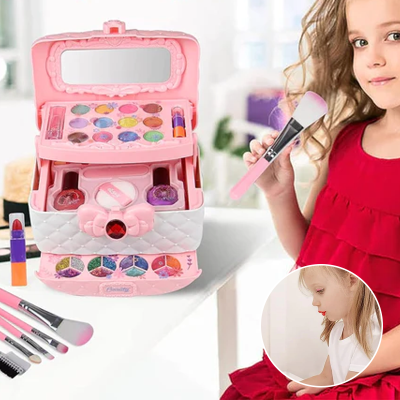 Børns vaskbart makeupsæt, lilla og pink, legetøj til piger, sikkert og kompakt skønhedslegesæt.