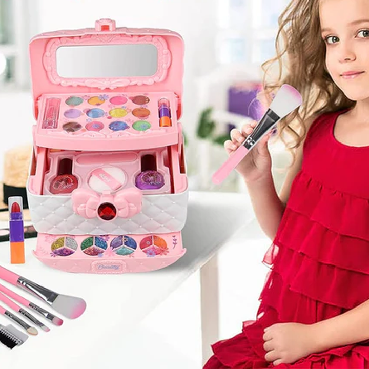 Børns vaskbart makeupsæt, lilla og pink, legetøj til piger, sikkert og kompakt skønhedslegesæt.
