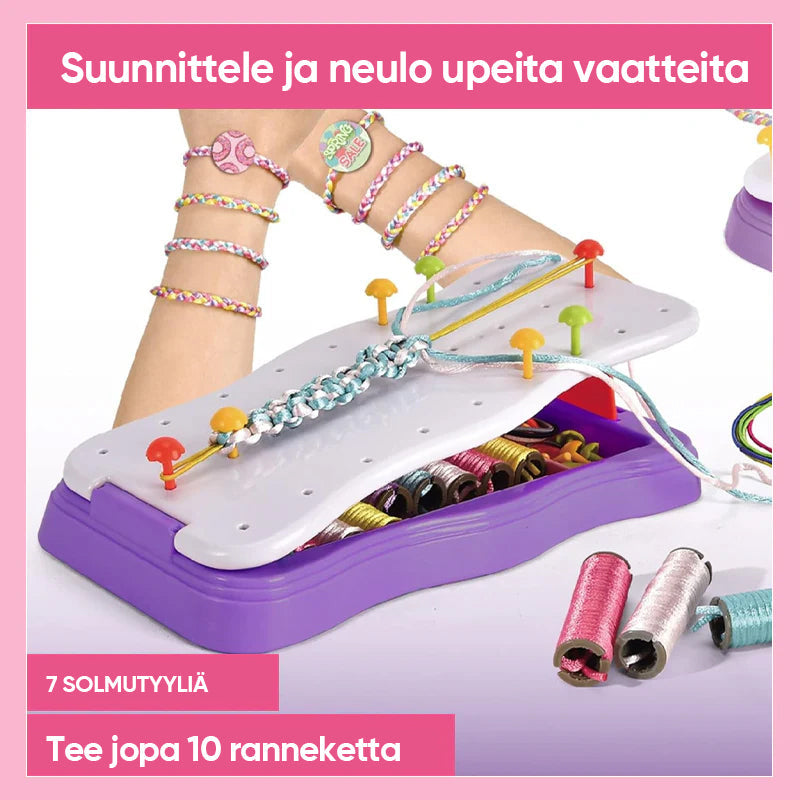 Børnenes pink og lilla strikkemaskine sæt, inklusiv farverigt garn og tilbehør, stimulerer børns kreativitet inden for håndarbejde.