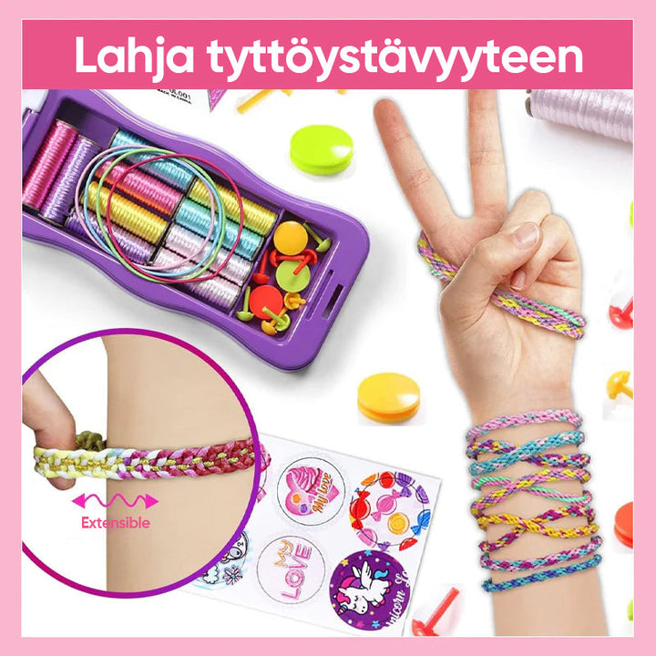 Børnenes pink og lilla strikkemaskine sæt, inklusiv farverigt garn og tilbehør, stimulerer børns kreativitet inden for håndarbejde.