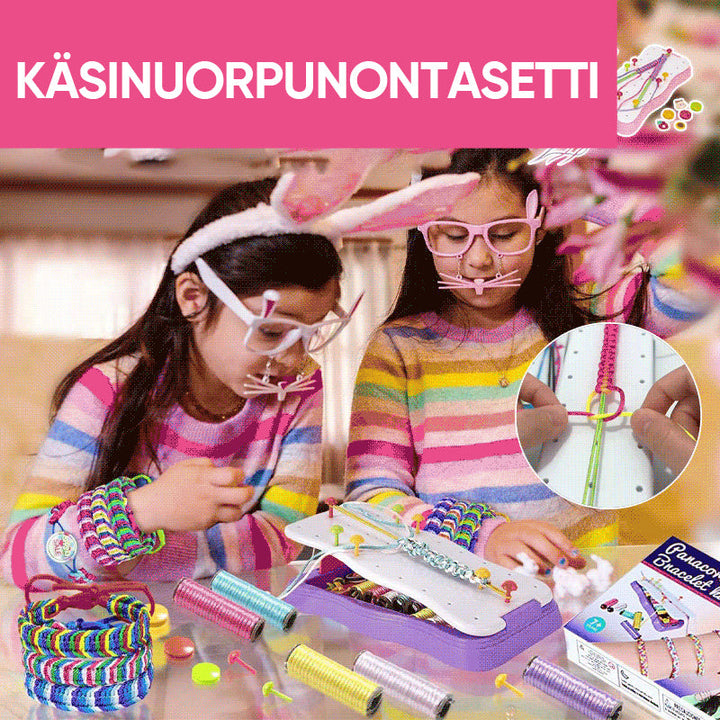 Børnenes pink og lilla strikkemaskine sæt, inklusiv farverigt garn og tilbehør, stimulerer børns kreativitet inden for håndarbejde.