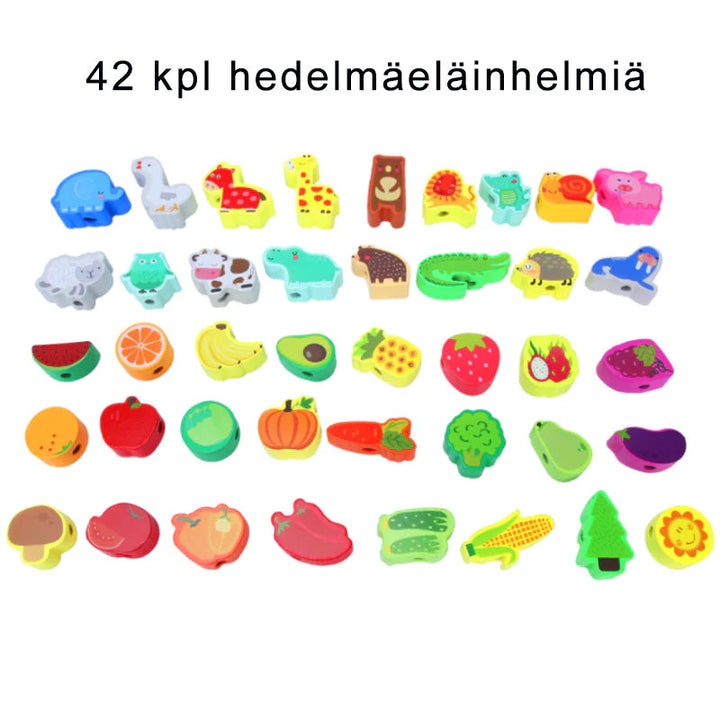 Børns træ perlesæt: store farverige perler til læring, finmotorik og dyrekendskab.