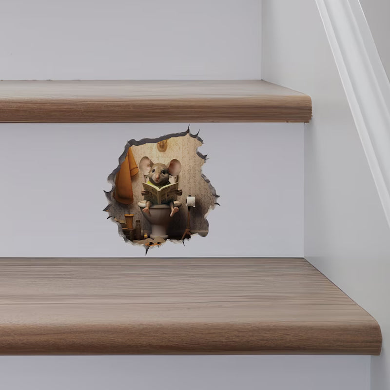Sjove musehul-vægklistermærker på væggen, skaber en realistisk illusion af et musehul