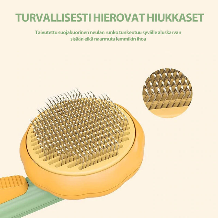 Kæledyrspensel med tynde, buede børstehår, ergonomisk håndtag, moderne design, velegnet til alle pelse.