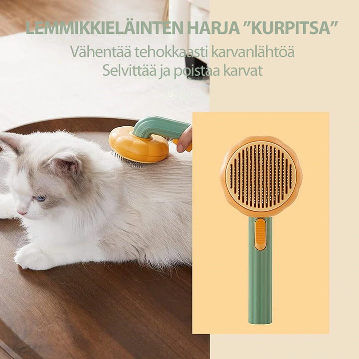 Kæledyrspensel med tynde, buede børstehår, ergonomisk håndtag, moderne design, velegnet til alle pelse.