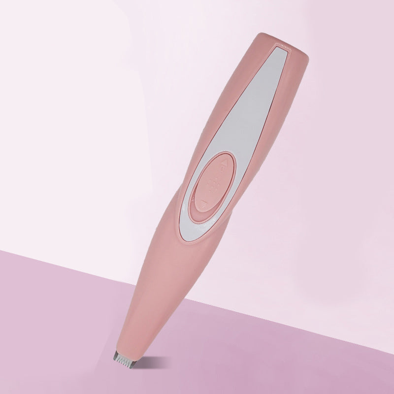 Stille hundetrimmer, tilgængelig i fire farver: sort, grøn, pink og hvid, kompakt og effektiv.