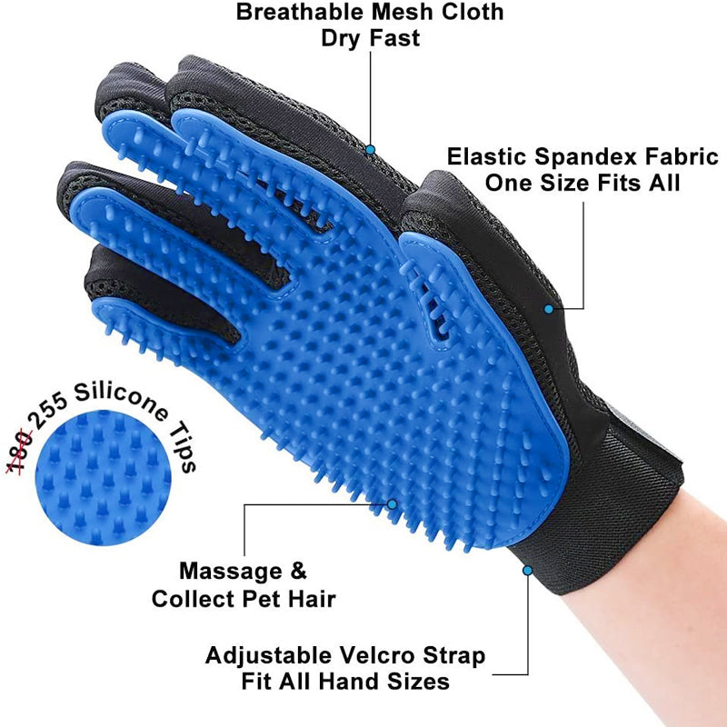 Pet grooming gloves, five fingers, blue, soft rubber bristles, suitable for cats and dogs grooming and massage