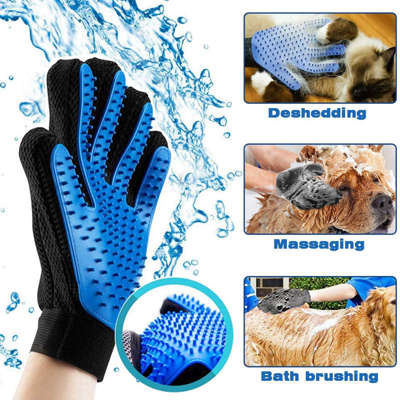 Pet grooming gloves, five fingers, blue, soft rubber bristles, suitable for cats and dogs grooming and massage