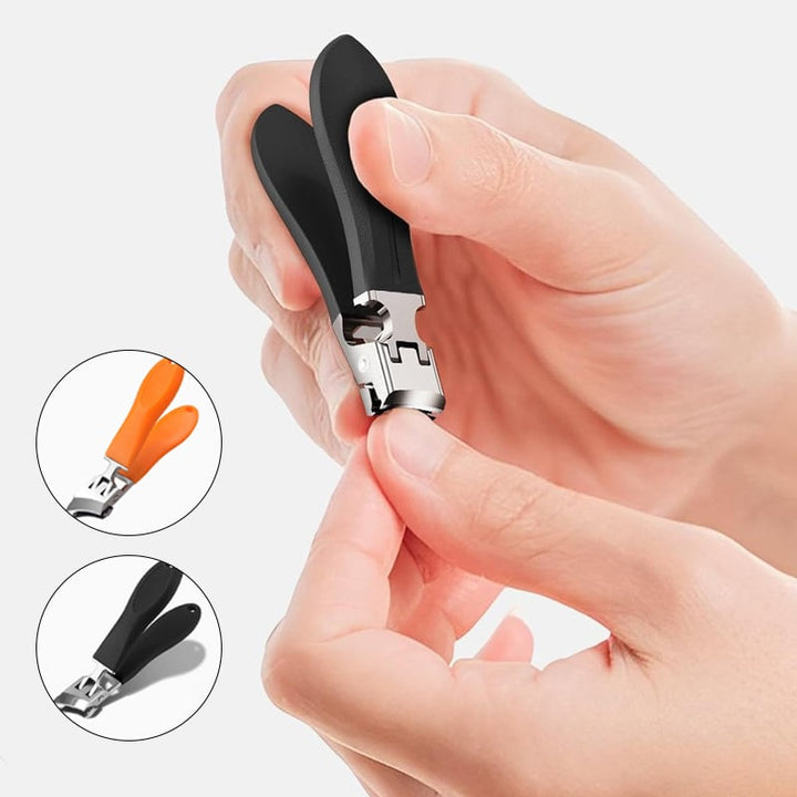 Bredmundet, stænkfri negleklipper, ergonomisk design, sort eller orange, buet klinge, rustfrit stål.