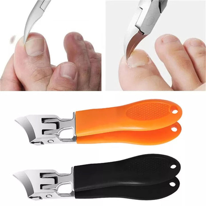 Bredmundet, stænkfri negleklipper, ergonomisk design, sort eller orange, buet klinge, rustfrit stål.