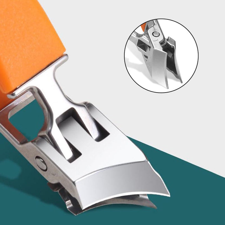 Bredmundet, stænkfri negleklipper, ergonomisk design, sort eller orange, buet klinge, rustfrit stål.