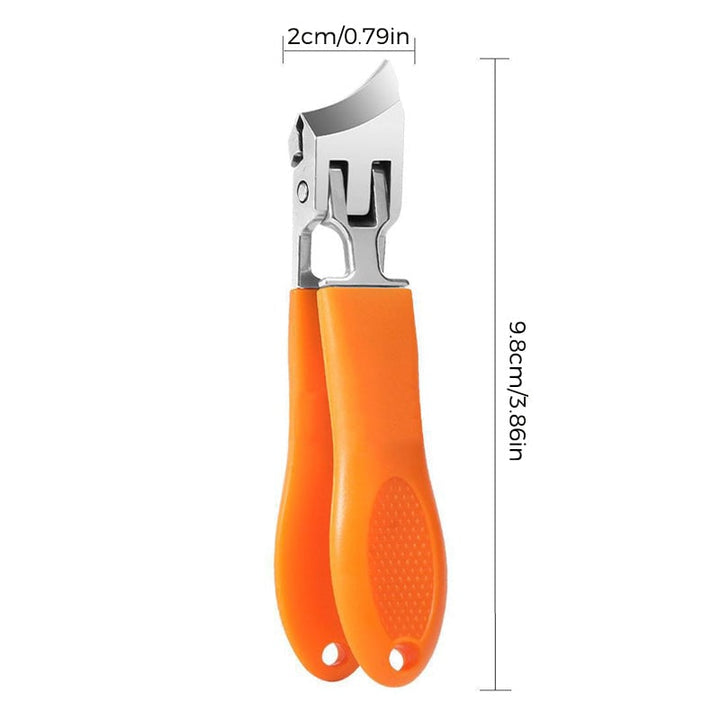 Bredmundet, stænkfri negleklipper, ergonomisk design, sort eller orange, buet klinge, rustfrit stål.