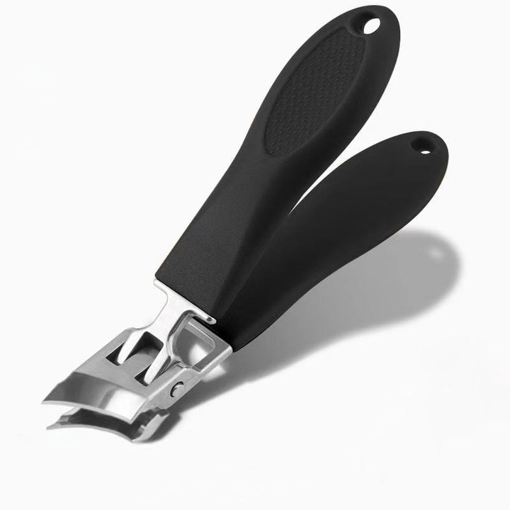 Bredmundet, stænkfri negleklipper, ergonomisk design, sort eller orange, buet klinge, rustfrit stål.