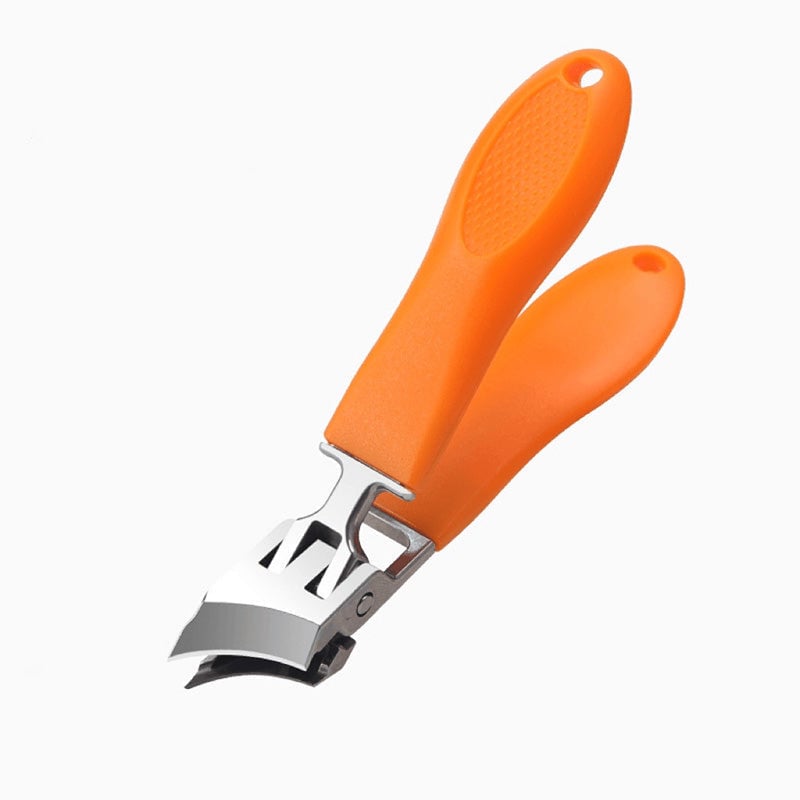 Bredmundet, stænkfri negleklipper, ergonomisk design, sort eller orange, buet klinge, rustfrit stål.