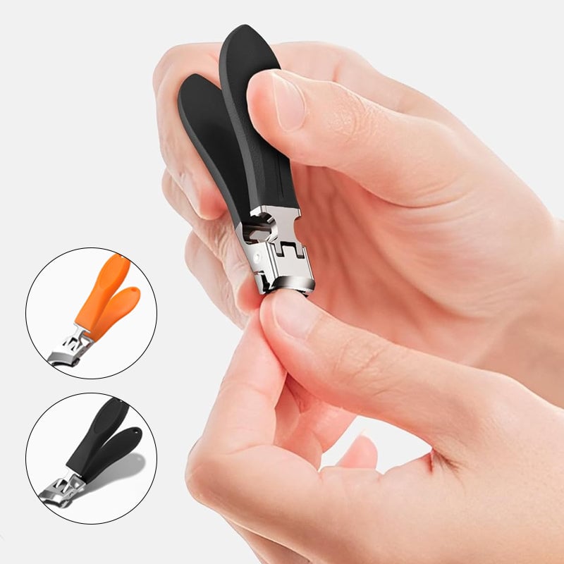 Bredmundet, stænkfri negleklipper, ergonomisk design, sort eller orange, buet klinge, rustfrit stål.