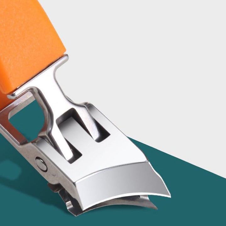 Bredmundet, stænkfri negleklipper, ergonomisk design, sort eller orange, buet klinge, rustfrit stål.