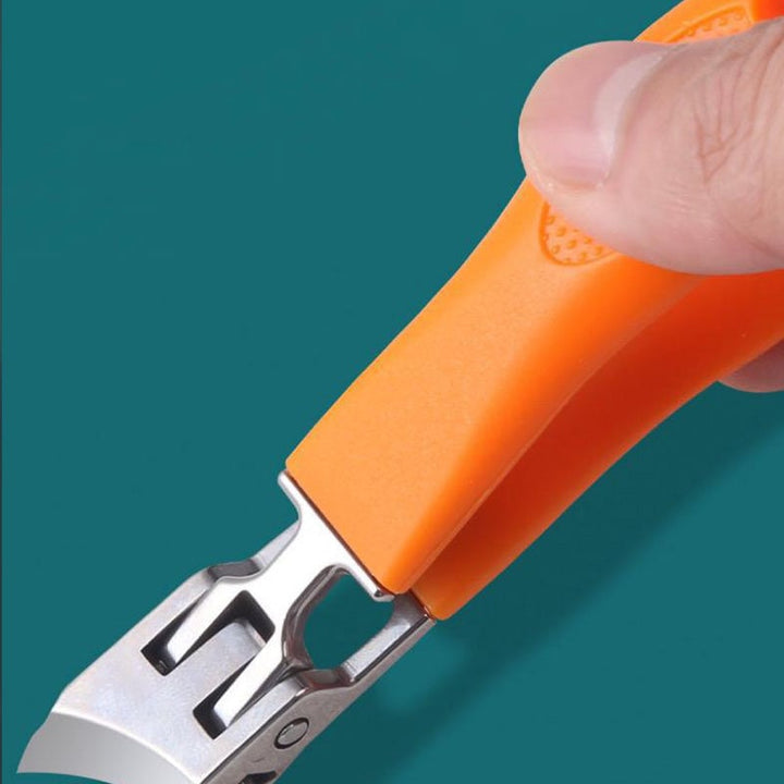 Bredmundet, stænkfri negleklipper, ergonomisk design, sort eller orange, buet klinge, rustfrit stål.