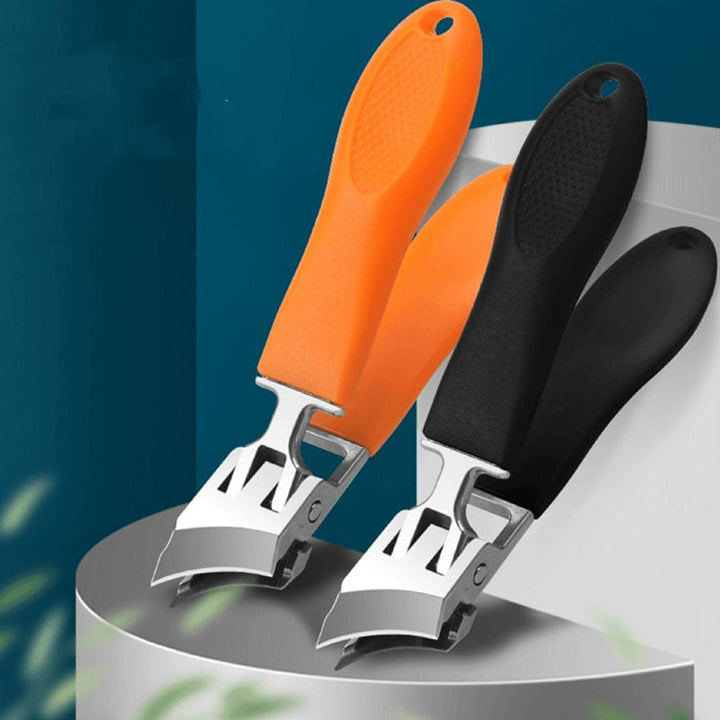 Bredmundet, stænkfri negleklipper, ergonomisk design, sort eller orange, buet klinge, rustfrit stål.
