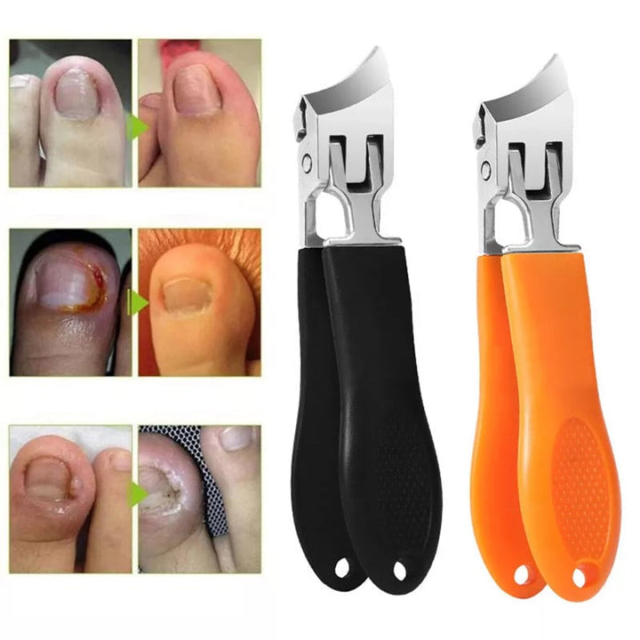 Bredmundet, stænkfri negleklipper, ergonomisk design, sort eller orange, buet klinge, rustfrit stål.