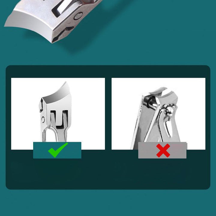 Bredmundet, stænkfri negleklipper, ergonomisk design, sort eller orange, buet klinge, rustfrit stål.