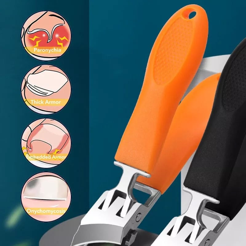 Bredmundet, stænkfri negleklipper, ergonomisk design, sort eller orange, buet klinge, rustfrit stål.