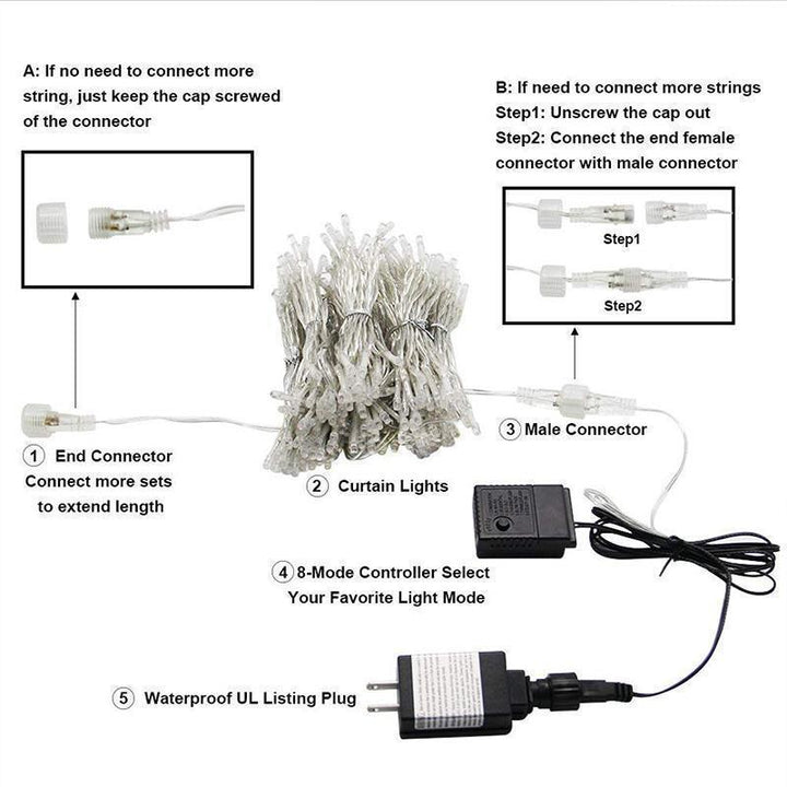 Varm hvid LED gardinlys, 120 LED, til dekoration og stemningsbelysning både indendørs og udendørs.