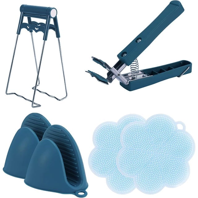 Varmefast, blå køkken silikoneholder, holdbart materiale, praktisk design, sikker håndtering.