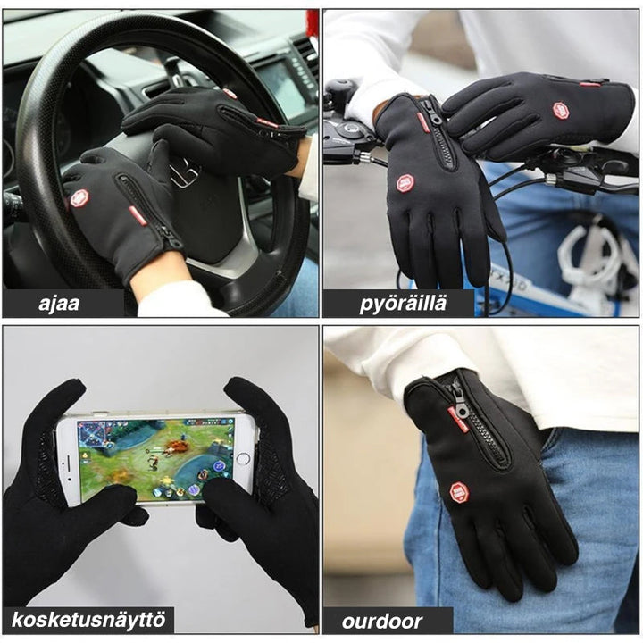 Varme sorte cykel- og løbehandsker til damer og herrer, vandtætte, vindtætte, touchskærmskompatible.