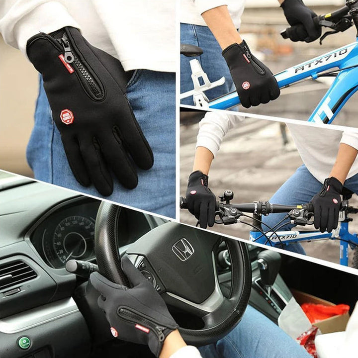 Varme sorte cykel- og løbehandsker til damer og herrer, vandtætte, vindtætte, touchskærmskompatible.