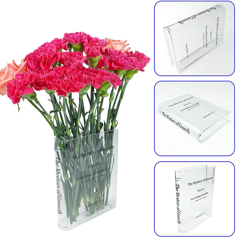 Klar bogformet akryl vase, moderne design, dekoreret med farverige sten, til hjemmet og festlokalet.