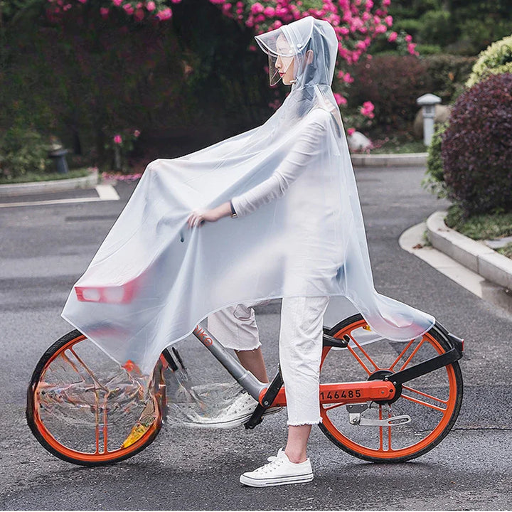 Gennemsigtig unisex cykeljakke i PVC, regn- og vindtæt, perfekt til udendørs brug.