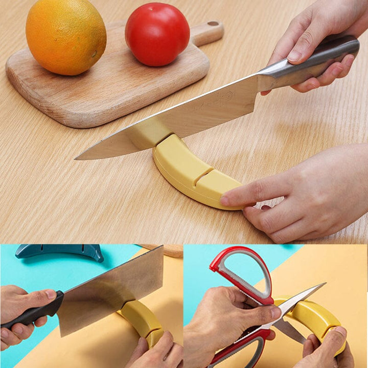 Kreativ knivsliber med banan-design, gul farve, kompakt størrelse, et sjovt og praktisk tilbehør til køkkenet.