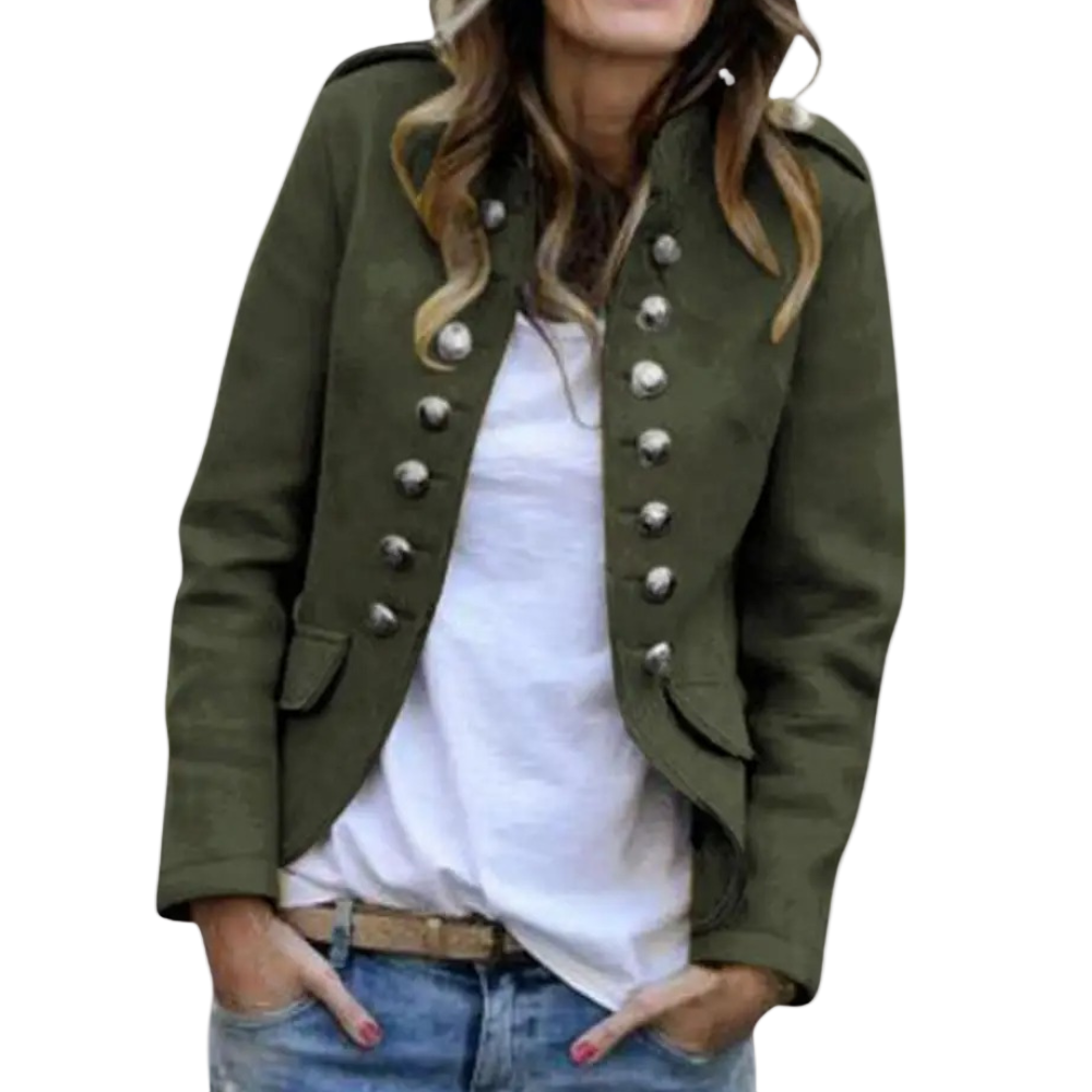 Kort dame blazer med stand-up krave, stilfuldt snit og knaplukning, alsidigt og elegant look.