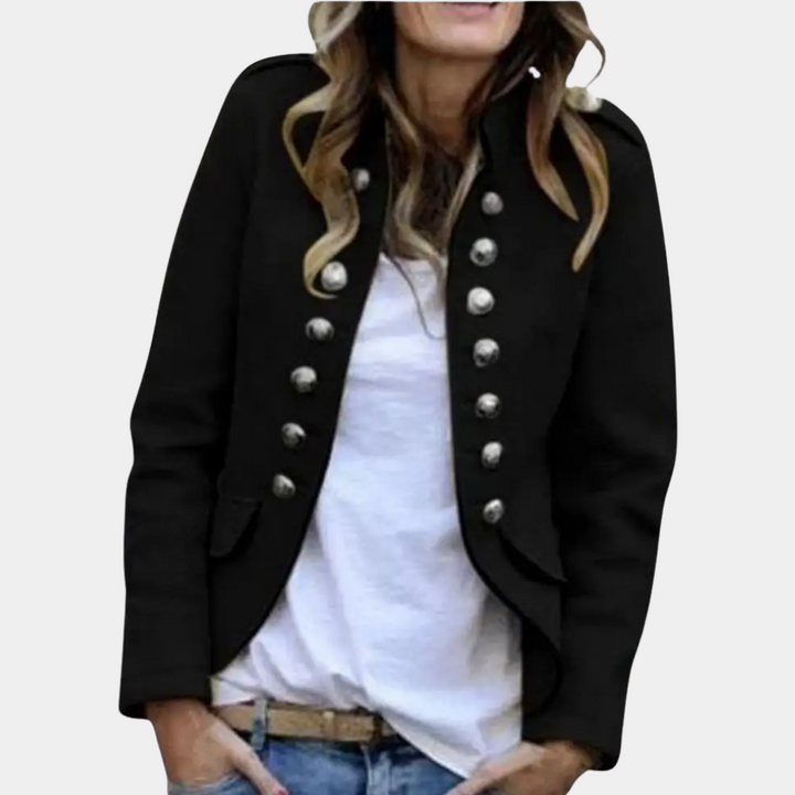 Kort dame blazer med stand-up krave, stilfuldt snit og knaplukning, alsidigt og elegant look.