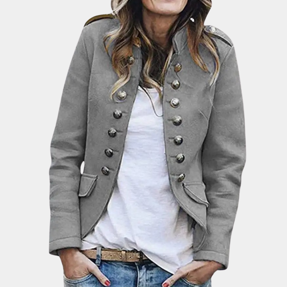 Kort dame blazer med stand-up krave, stilfuldt snit og knaplukning, alsidigt og elegant look.