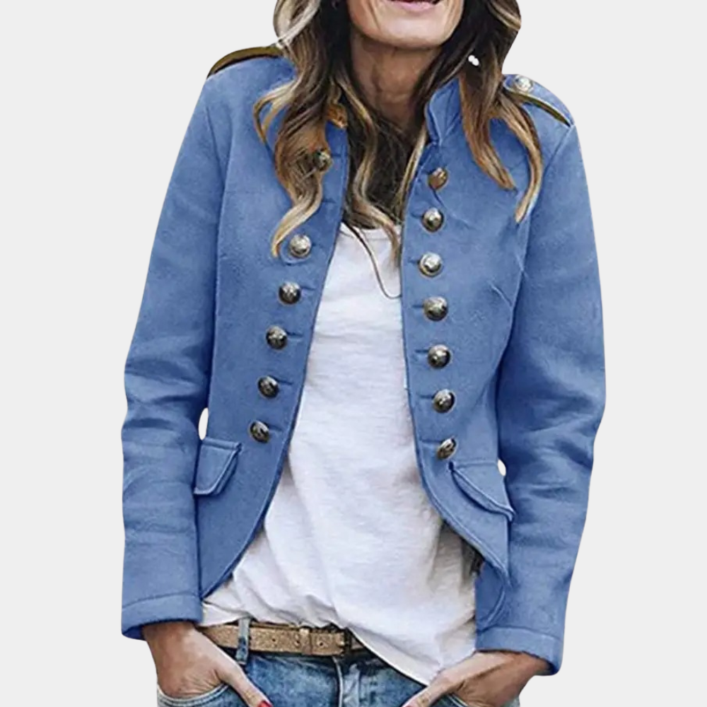 Kort dame blazer med stand-up krave, stilfuldt snit og knaplukning, alsidigt og elegant look.