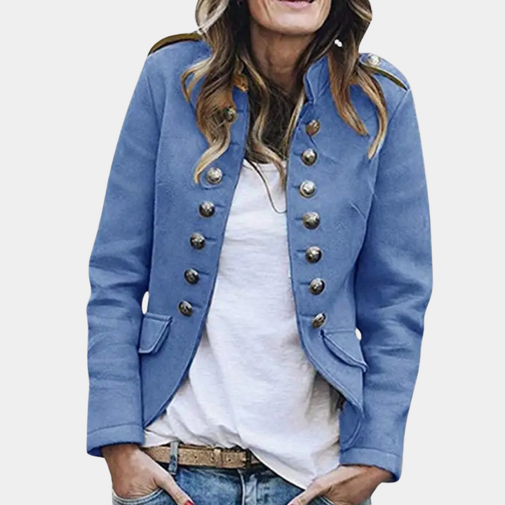 Kort dame blazer med stand-up krave, stilfuldt snit og knaplukning, alsidigt og elegant look.