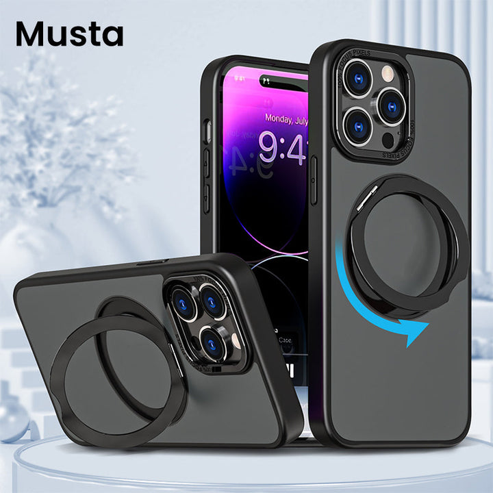 "Magneettinen 360° puhelinkotelo pyörivällä renkaalla, moderni muotoilu, musta tausta, sopii iPhone-mallistoon."