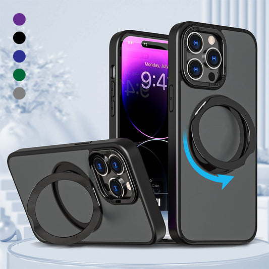 "Magneettinen 360° puhelinkotelo pyörivällä renkaalla, moderni muotoilu, musta tausta, sopii iPhone-mallistoon."