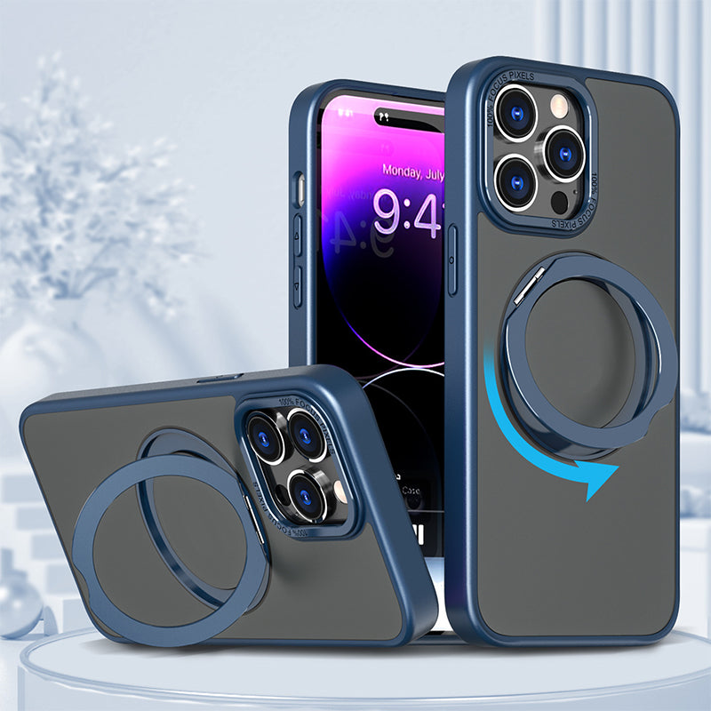 "Magneettinen 360° puhelinkotelo pyörivällä renkaalla, moderni muotoilu, musta tausta, sopii iPhone-mallistoon."