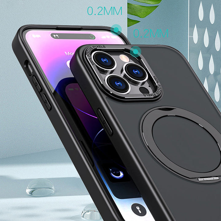 "Magneettinen 360° puhelinkotelo pyörivällä renkaalla, moderni muotoilu, musta tausta, sopii iPhone-mallistoon."
