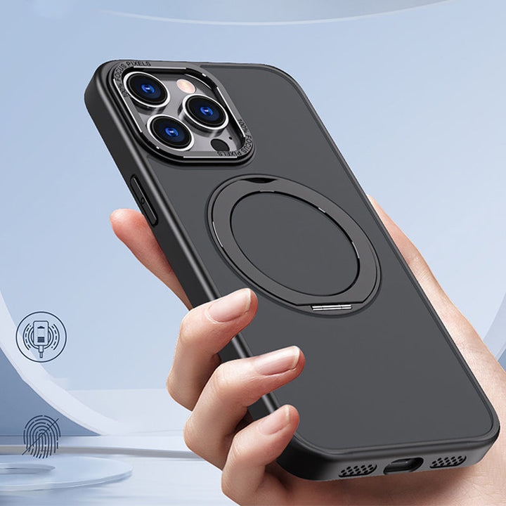 "Magneettinen 360° puhelinkotelo pyörivällä renkaalla, moderni muotoilu, musta tausta, sopii iPhone-mallistoon."