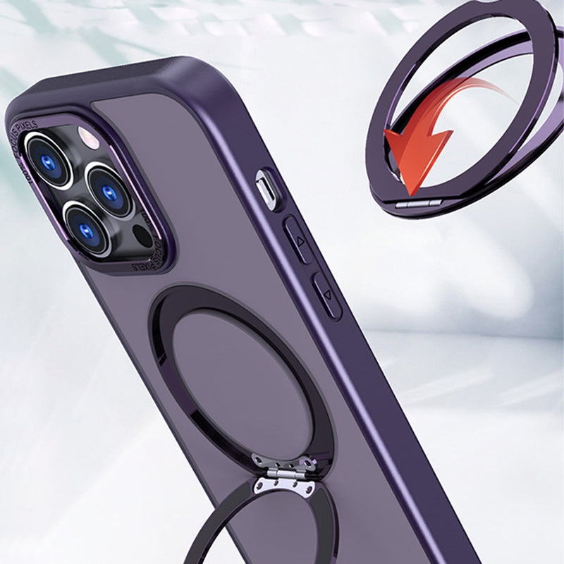 "Magneettinen 360° puhelinkotelo pyörivällä renkaalla, moderni muotoilu, musta tausta, sopii iPhone-mallistoon."