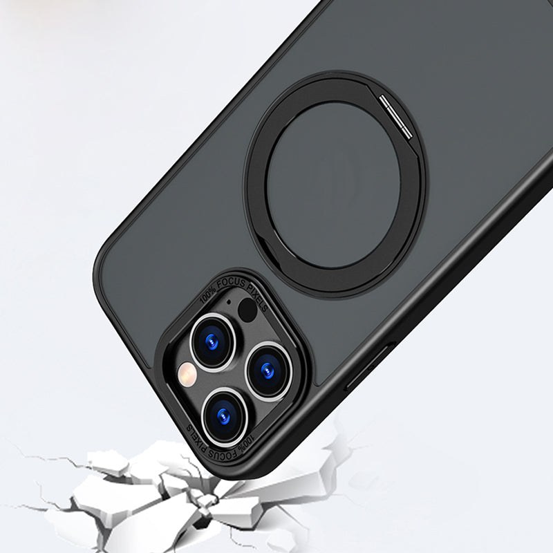 "Magneettinen 360° puhelinkotelo pyörivällä renkaalla, moderni muotoilu, musta tausta, sopii iPhone-mallistoon."